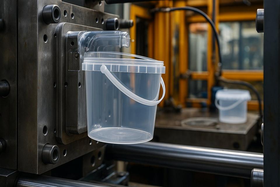 Injection molding machine and a clear plastic bucket just ejected from the mold