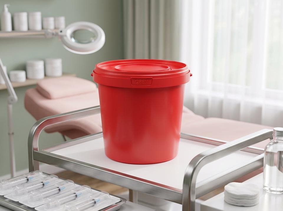 Red 1-liter medical waste bucket on a cosmetologist's cart next to a tray of packaged syringes