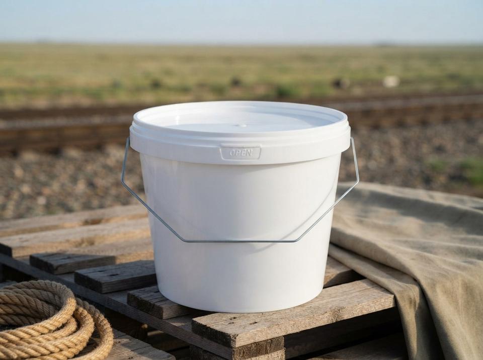 White 2.3 L plastic bucket with lid and metal bail handle on a stack of wooden pallets by the railway on the steppe, a coil of rope on the left and a folded tarp on the right