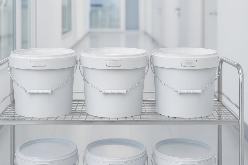 White buckets with handles on a lab rack