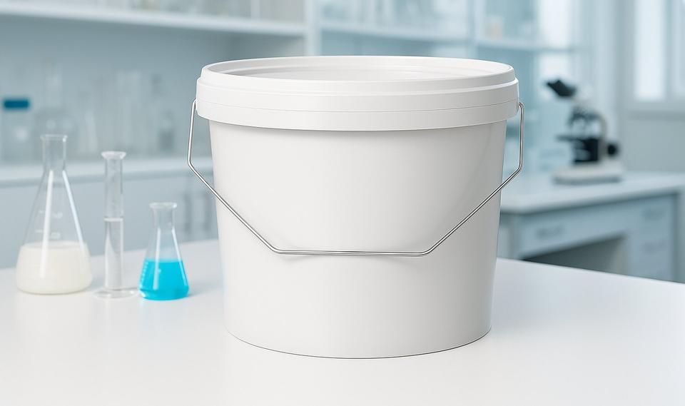 Bucket with a bail handle and flasks on a lab workbench