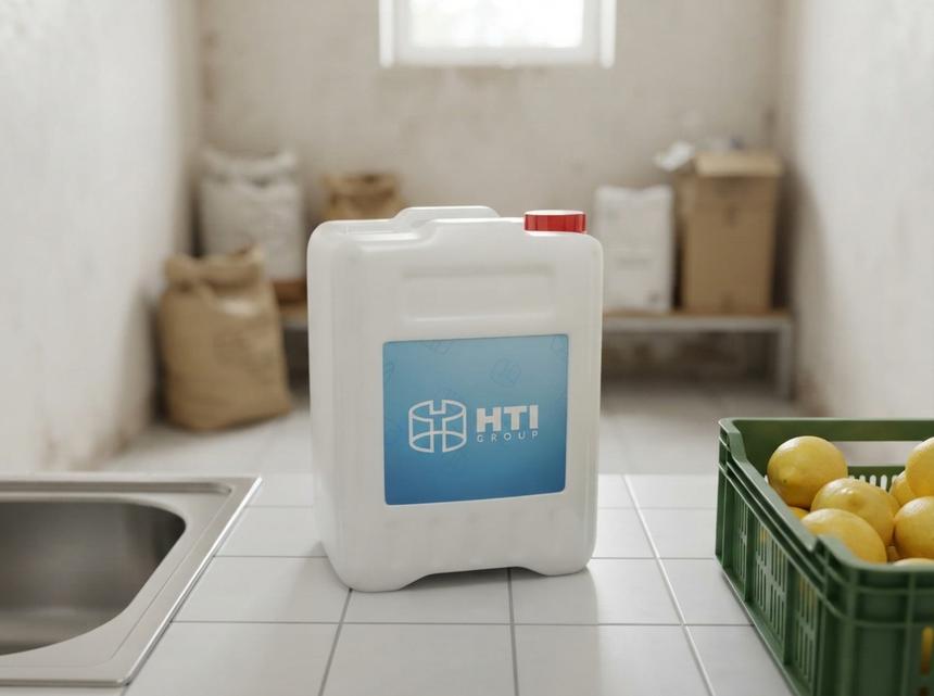 White 10 L plastic jerry can with screw cap on the tiled floor of a cafe back room in Osh, next to a stainless steel sink