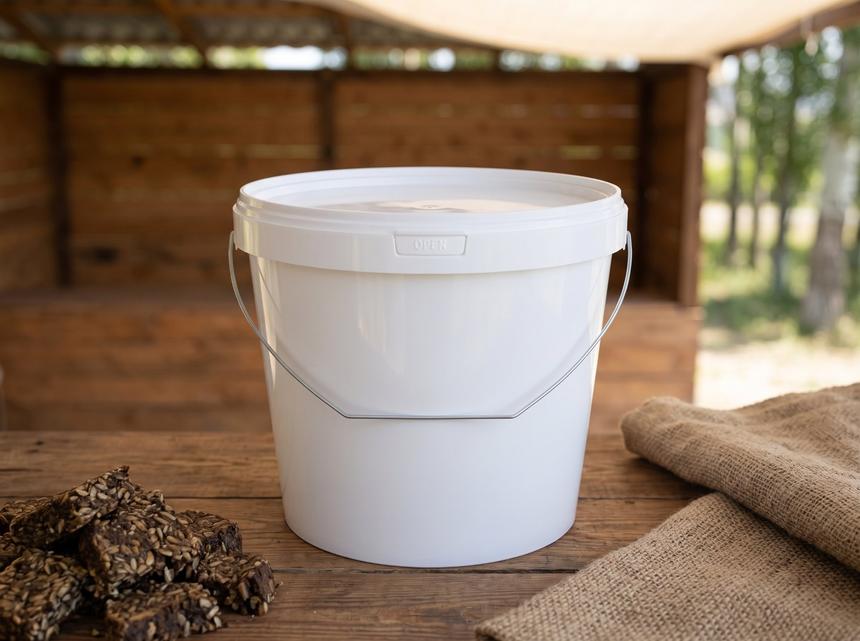 White 5.6 L plastic bucket with lid and metal bail handle on a village market counter next to chunks of sunflower oilcake