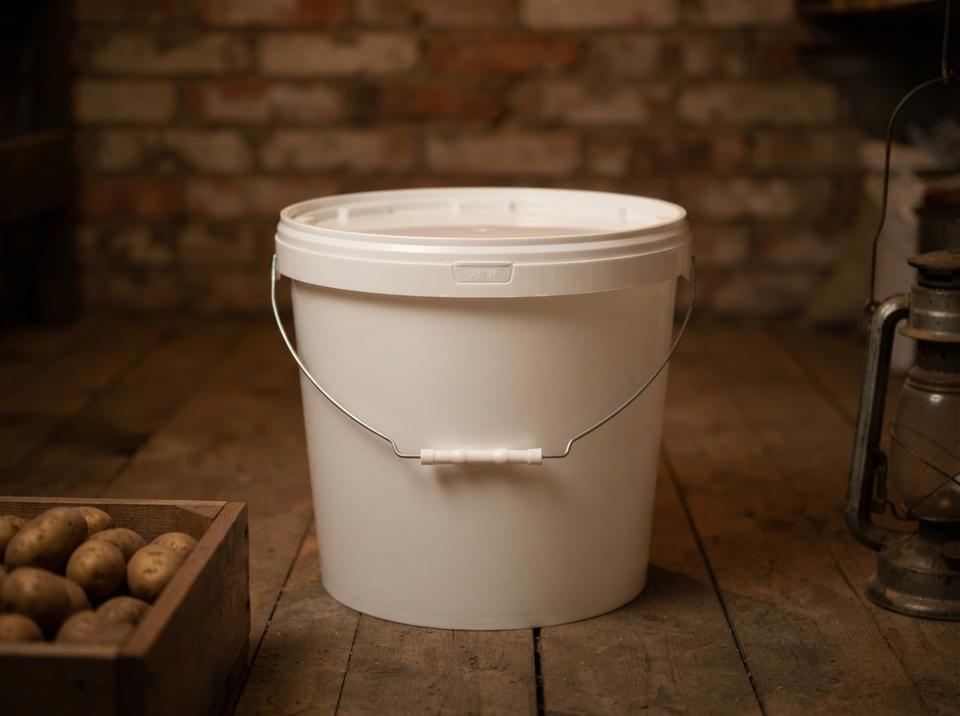 White 18 L plastic bucket with metal bail handle, plastic grip, and lid on the plank floor of a cellar, next to a potato bin and a lamp