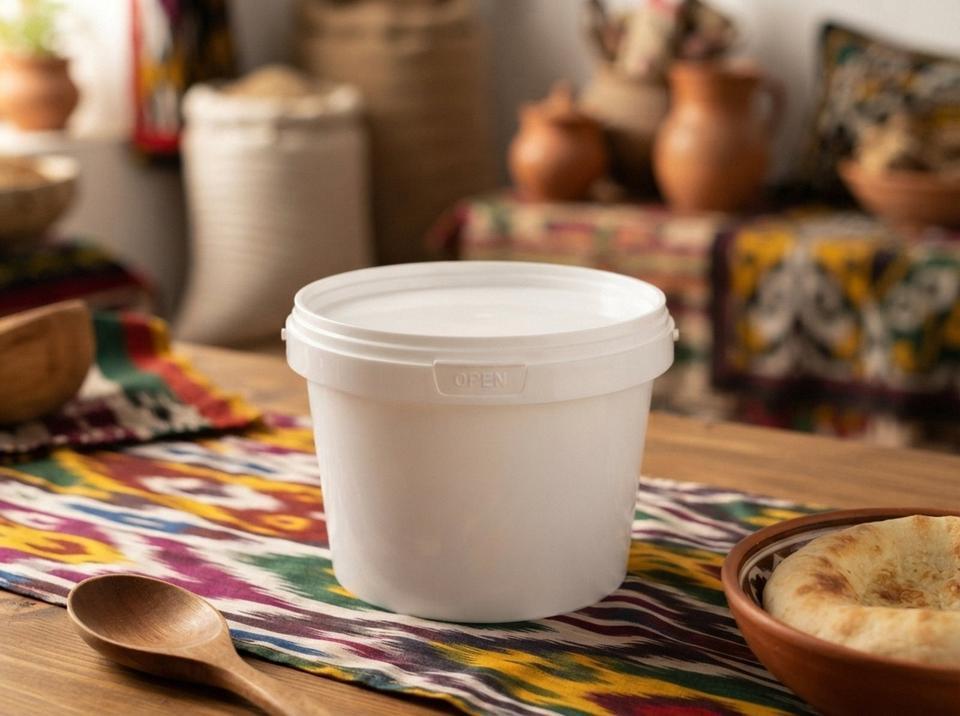 White 800 ml plastic bucket with lid on a kitchen table in Osh next to a wooden spoon