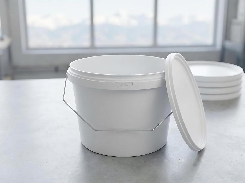 White 3 liter plastic bucket with lid on floor scales in a filling room