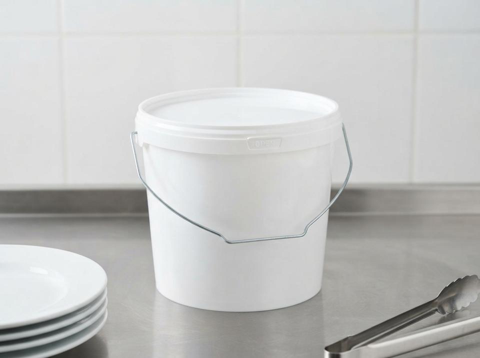 White 3.8 L plastic bucket with lid and metal bail handle on a steel table in a catering kitchen, next to a stack of plates