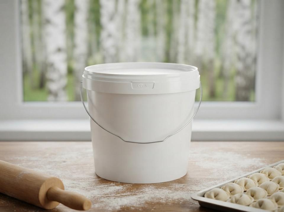 White 5.6 L plastic bucket with lid and metal bail handle on a flour-dusted table in a dumpling shop, a rolling pin on the left, a tray of pelmeni on the right, birch trees outside the window