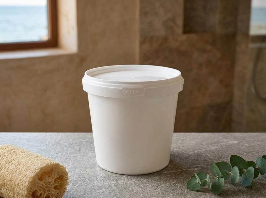 White 1 L plastic bucket with lid on a stone bathroom countertop next to a natural loofah sponge
