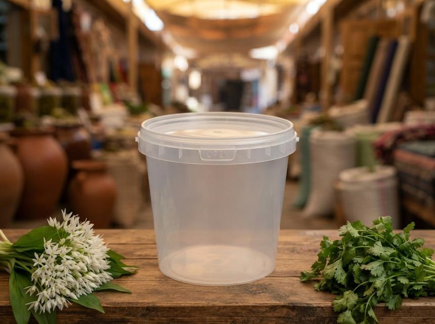 Clear 1 L plastic bucket with lid on a wooden counter in the pickle row of an Osh bazaar