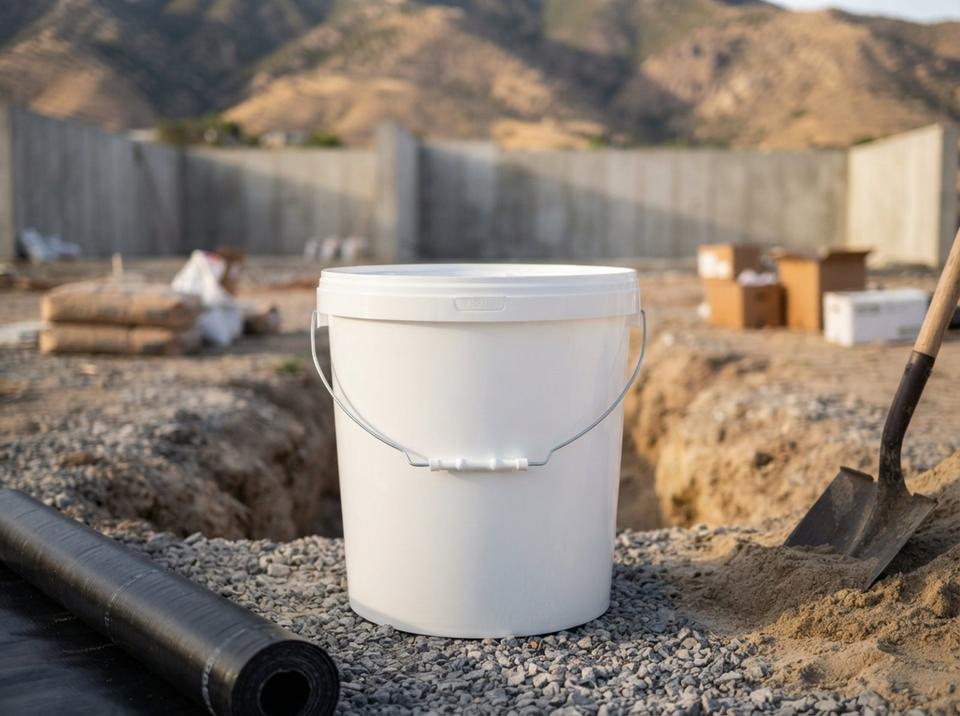 White 21 L plastic bucket with lid and metal bail handle with plastic grip on gravel by the foundation of a new house, next to a roll of waterproofing membrane