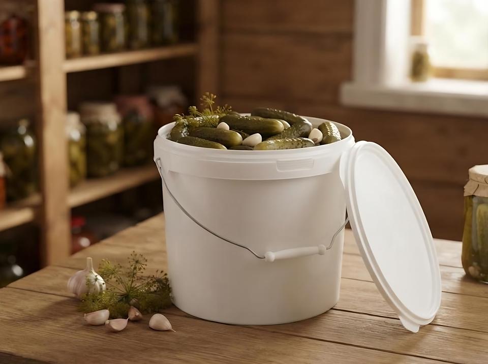 3 L plastic bucket of pickled cucumbers on a table in a food prep shop