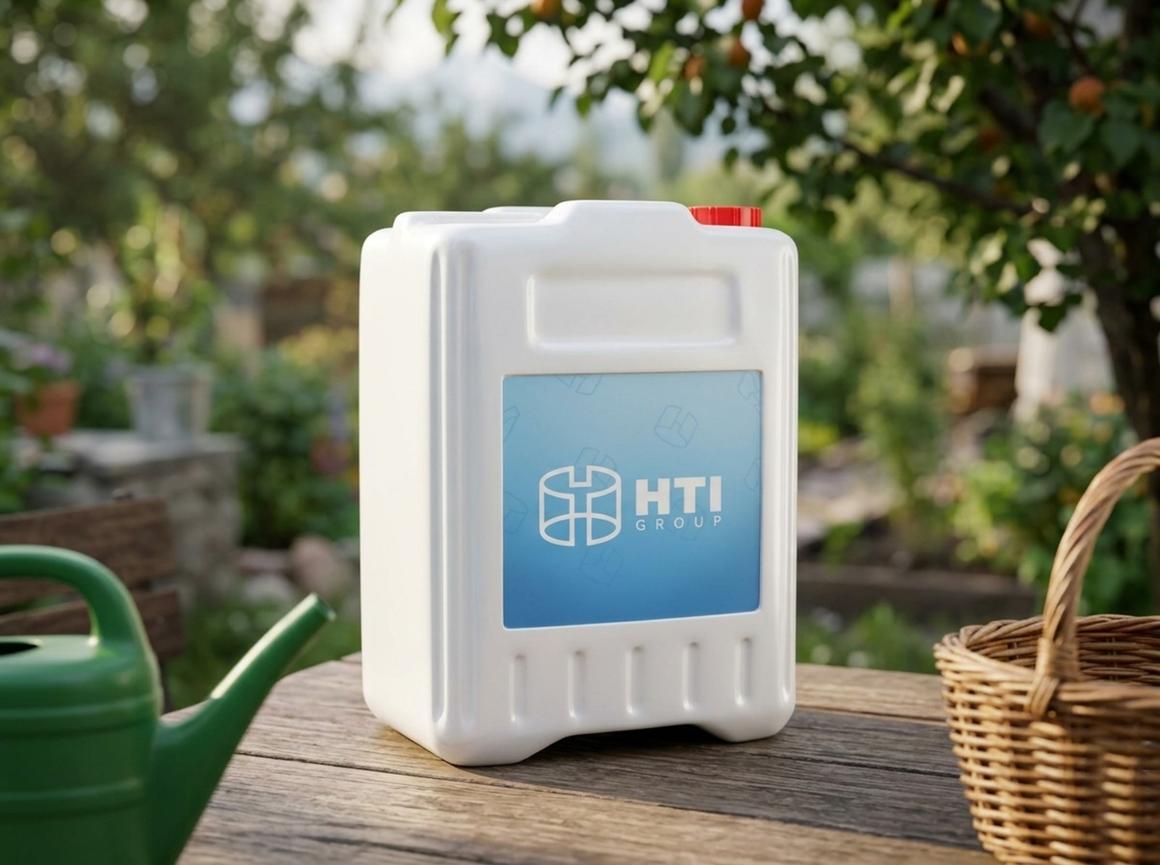 White 10-liter plastic jerry can with a cap on a garden table at a dacha under an apricot tree