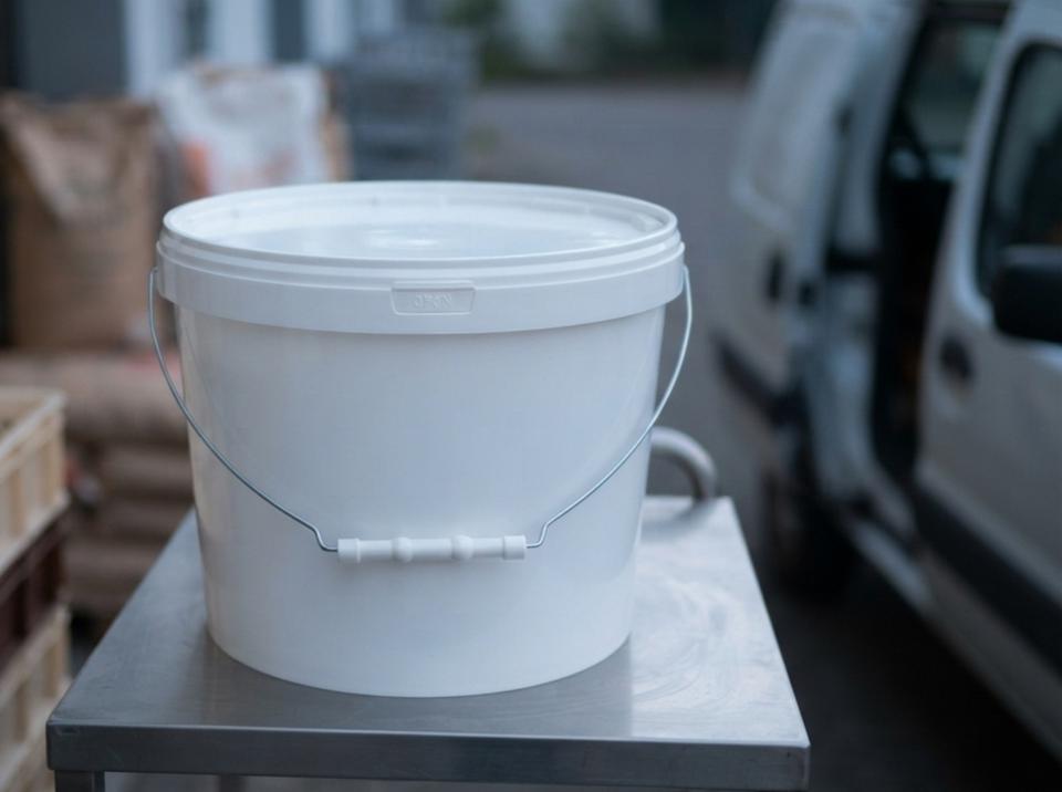 White 8 L plastic bucket with metal bail handle and lid on a steel cart at a bakery back door next to a stack of bread trays