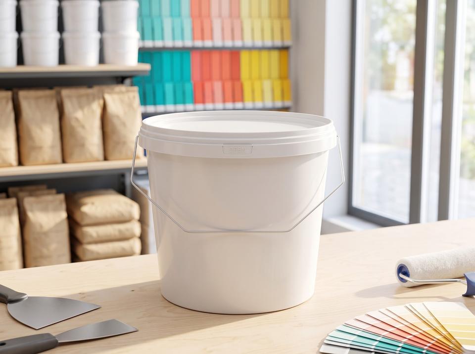 3.8 L plastic bucket in a store selling dry construction mixes