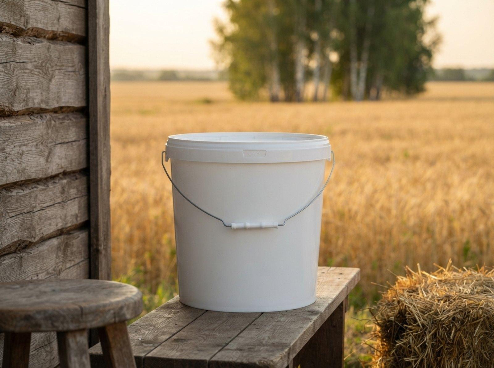 White 15 L plastic bucket with lid and metal bail handle with plastic grip on a bench by a farm cowshed, a milking stool on the left, a straw bale on the right, wheat fields and a birch grove behind