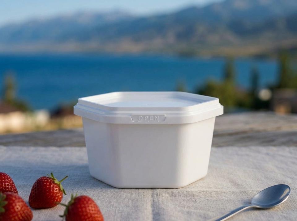 White 250 ml hexagonal plastic container with lid on a linen tablecloth on a terrace by Lake Issyk-Kul, next to strawberries