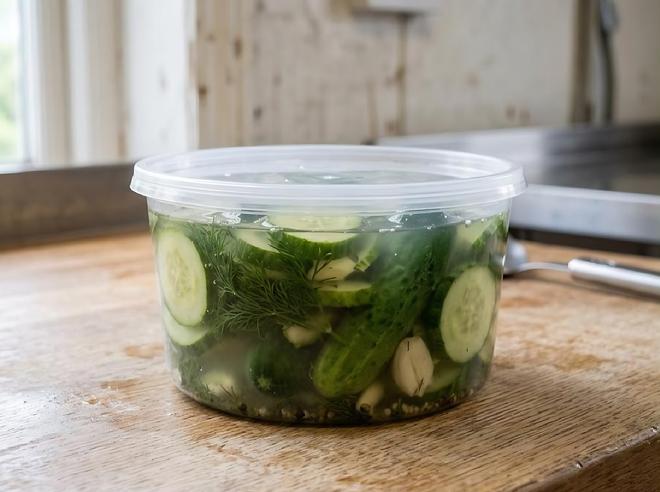 Plastic container of lightly salted cucumbers on a wooden table in a production shop