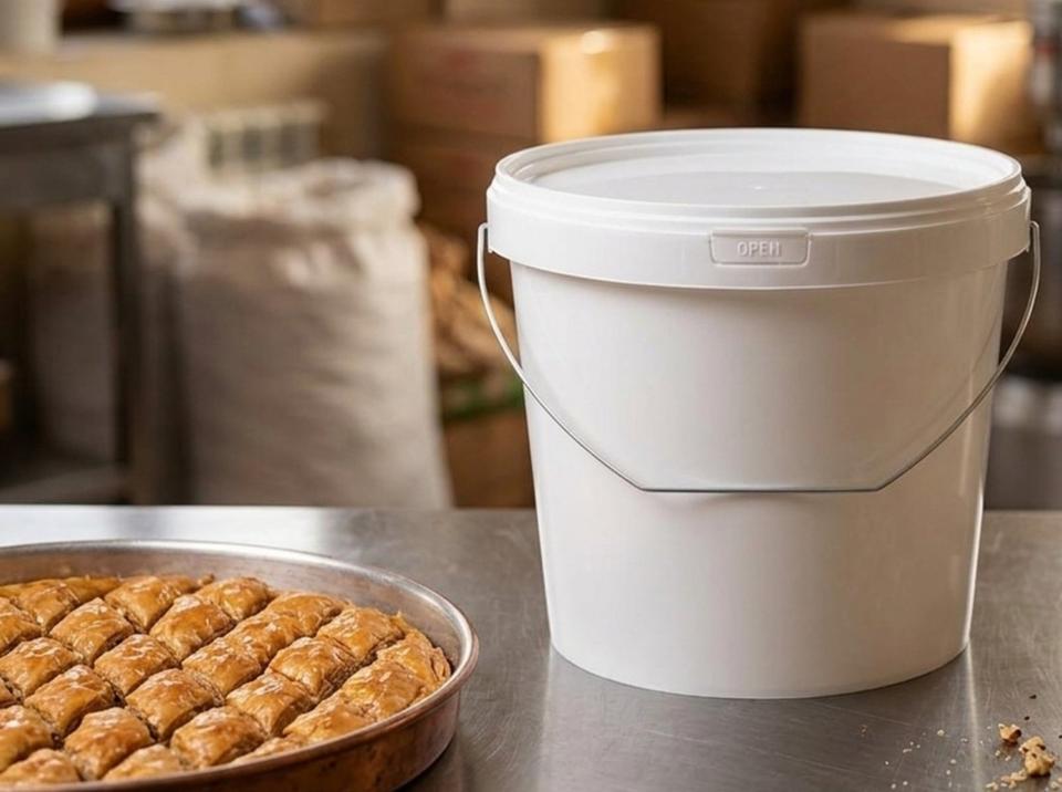 White 5.6 L plastic bucket with lid and metal bail handle on a steel table in a Middle Eastern sweets shop, next to a copper tray of baklava