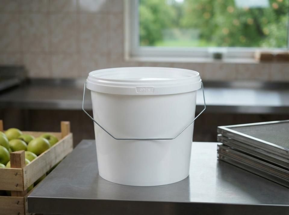 White 3.8 L plastic bucket with a metal bail handle and lid on a steel table in a fruit-drying facility, next to a crate of green apples and drying racks