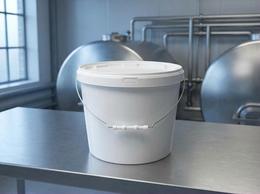 White 11.5 liter plastic bucket with metal handle and lid