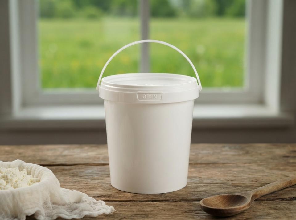 White 900 ml plastic bucket with molded-in handle and lid on the counter of a village farm shop, cottage cheese in cheesecloth on the left, a wooden spoon on the right, and the Irtysh floodplain outside the window