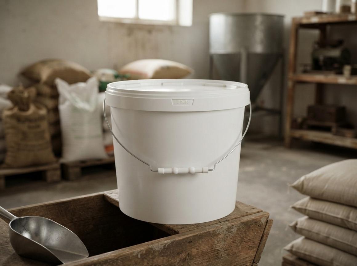 White 11.5 L plastic bucket with metal bail handle and lid on a wooden bin in a dairy farm feed room next to a measuring scoop
