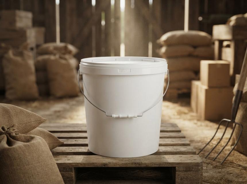 White 21 L plastic bucket with lid and metal bail handle on a wooden pallet in a dairy farm feed storeroom