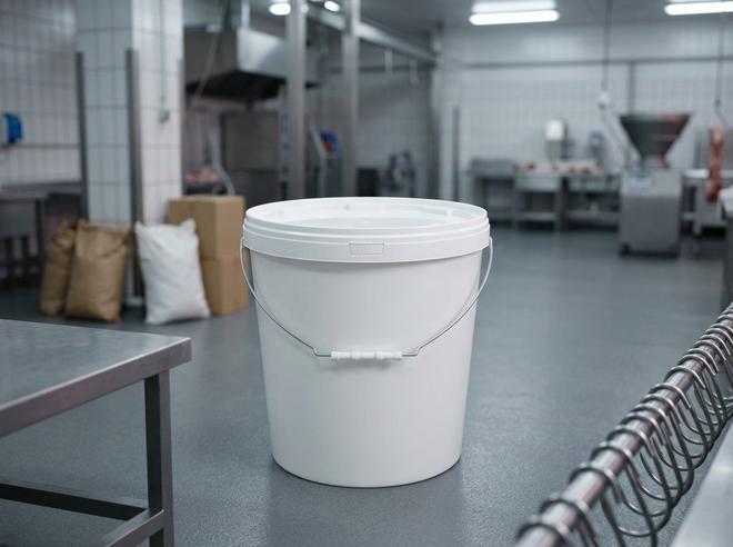 White 21 L plastic bucket with metal bail handle, plastic grip, and lid on the floor of a deboning room next to a steel cutting table