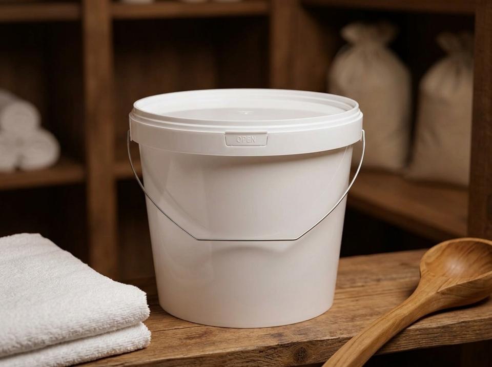 White 5.6 L plastic bucket with metal bail handle and lid on a wooden shelf in a spa back room, next to a stack of white towels