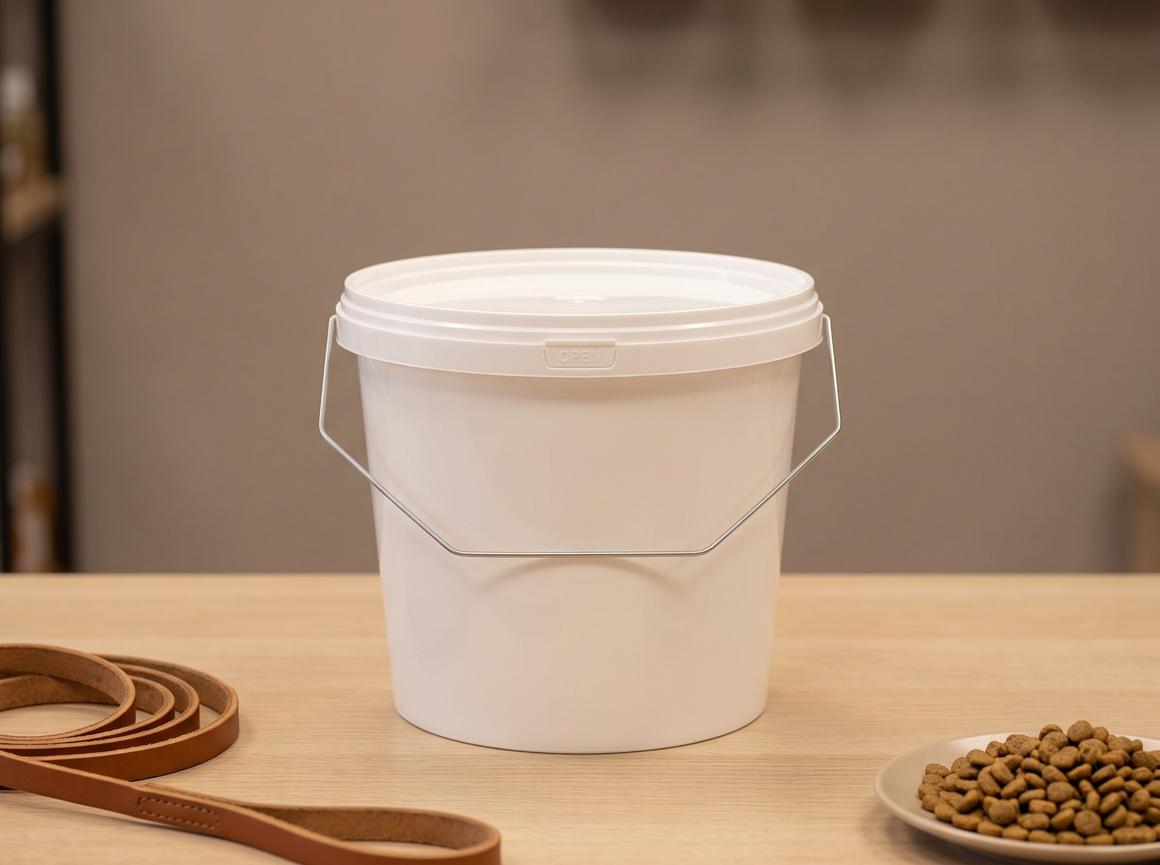 White 3.8 L plastic bucket with lid and bail handle on a wooden counter at a pet store in Bishkek next to a leash