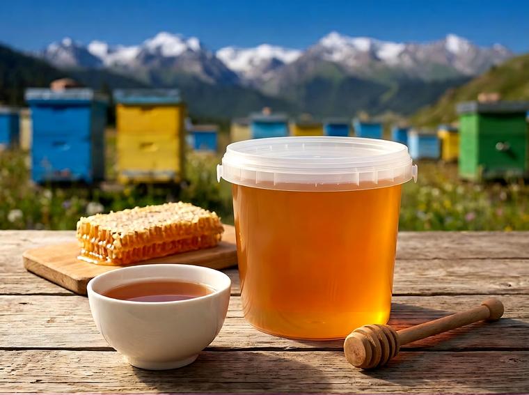 Clear 1-liter bucket of honey at an apiary in the mountains of Kyrgyzstan