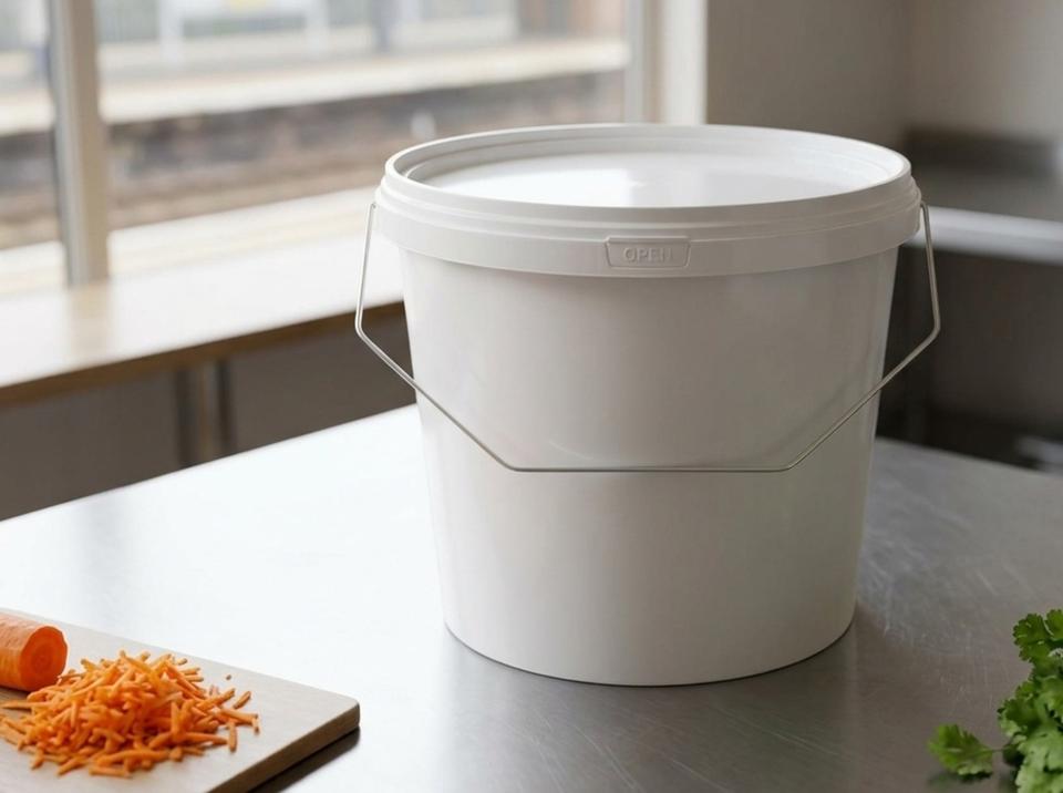 White 3.8 L plastic bucket with lid and metal bail handle on a steel table in a station cafe kitchen next to grated carrots and cilantro