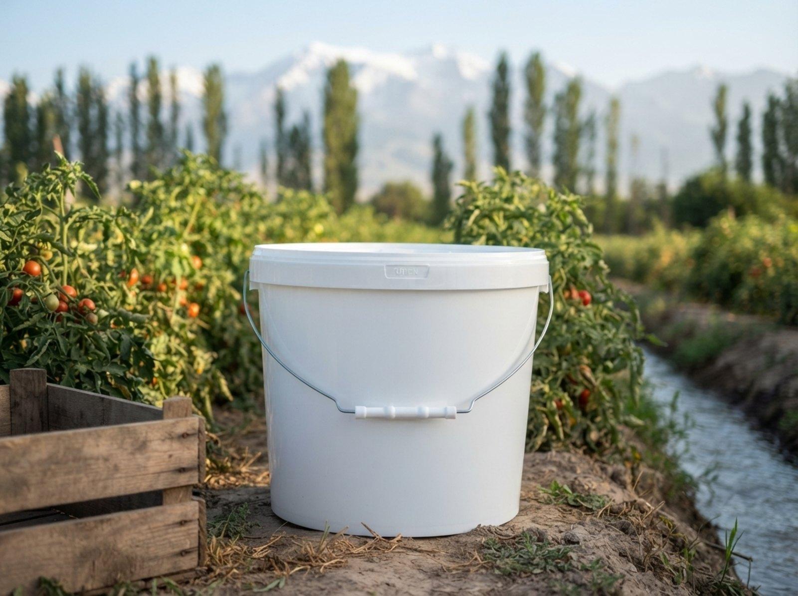 White 11.5 L plastic bucket with metal bail handle, plastic grip, and lid at the edge of a vegetable field in the Chuy Valley, with rows of poplars and a snowy mountain ridge behind