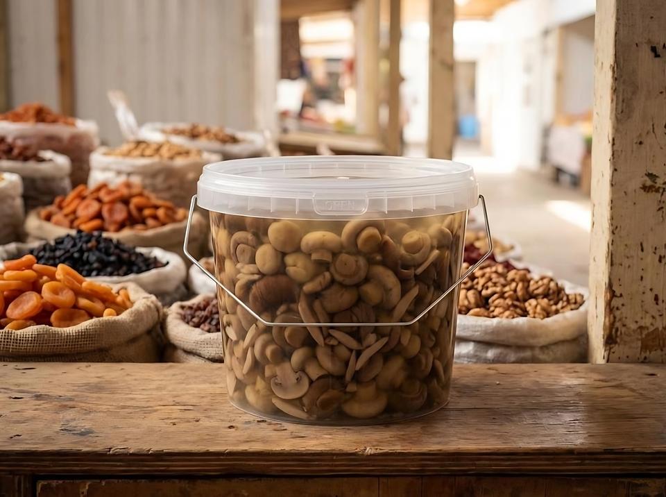 Pickled mushrooms in a clear 2.3 liter plastic bucket on a market stall