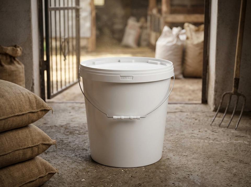 White 21 L plastic bucket with metal bail handle, plastic grip, and lid on the concrete floor of a farm warehouse next to bags of grain