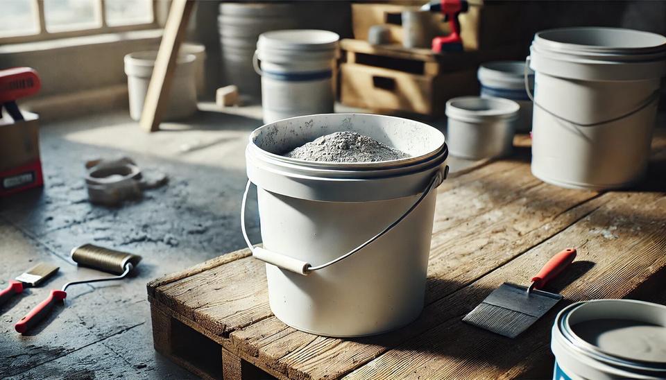 建筑工地上装有干混砂浆的塑料桶
