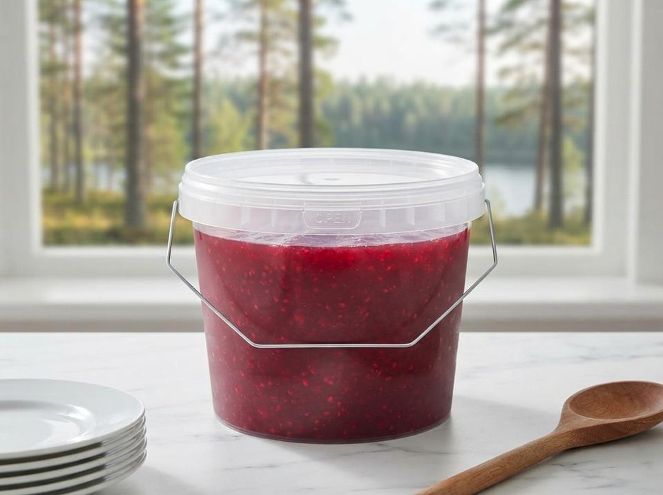 Clear 2.3 L plastic bucket of raspberry jam with a lid on a marble breakfast counter at a hotel by a pine forest, a stack of plates on the left, a wooden spoon on the right, pines and a lake through the window