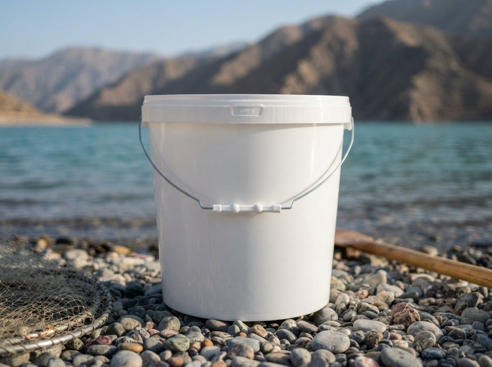 White 15 L plastic bucket with lid and metal bail handle with plastic grip, on the pebbly shore of the Toktogul Reservoir, next to a coiled fishing net