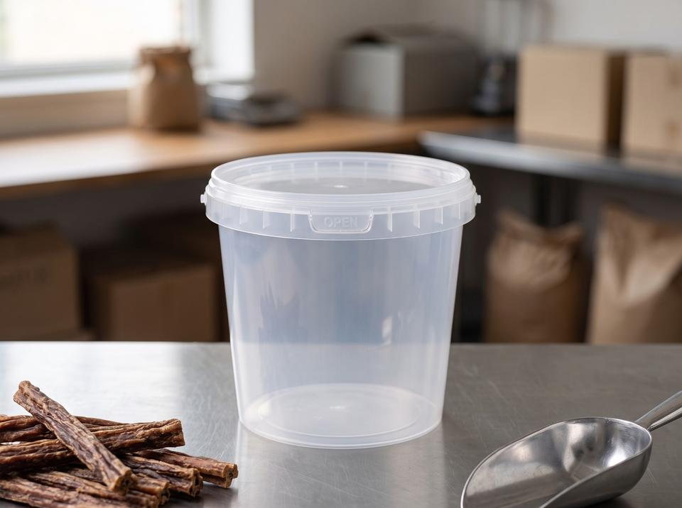 Clear 1 L plastic bucket with lid on a steel table at a dog treat plant next to dried chew sticks