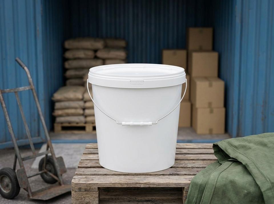 White 15 L plastic bucket with lid and metal bail handle with plastic grip on a pallet in a steel storage unit at a wholesale bazaar, next to a hand truck