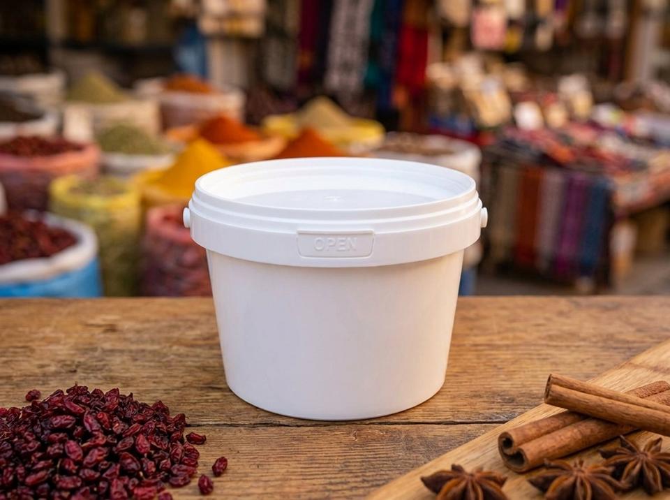 White 560 ml plastic bucket with lid on a stall in a bazaar spice row, next to a heap of dried barberries