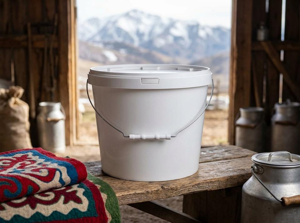 White 11.5 L plastic bucket with lid and metal bail handle on a wooden bench in a farm's summer shed next to a milk can