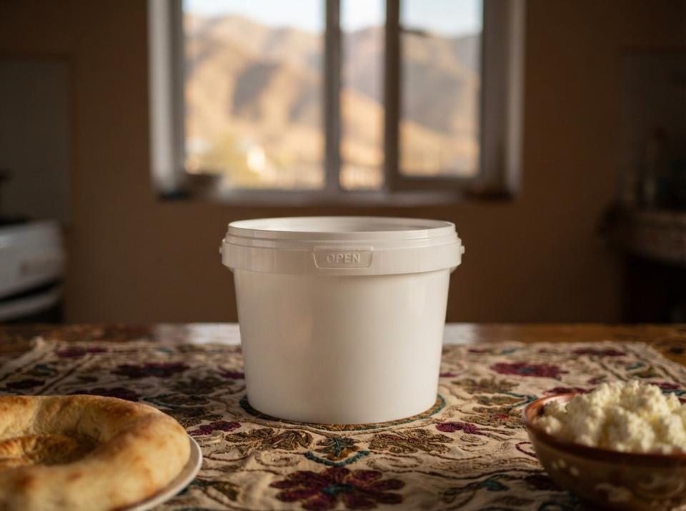 White 800 ml plastic bucket with lid on a village kitchen table in At-Bashy, next to a flatbread and a bowl of cottage cheese