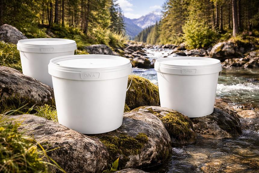 Three white buckets with lids by a mountain river