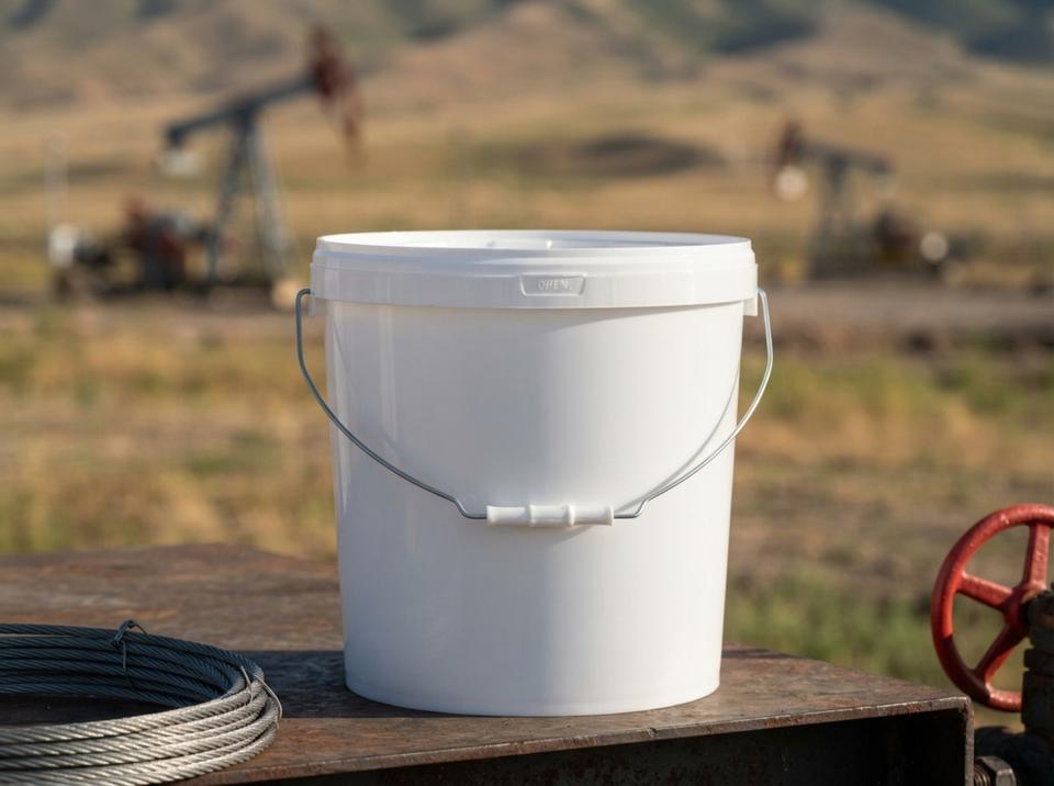 White 21 L plastic bucket with lid and metal bail handle with plastic grip on a steel platform at an oil field, with a pumpjack behind it