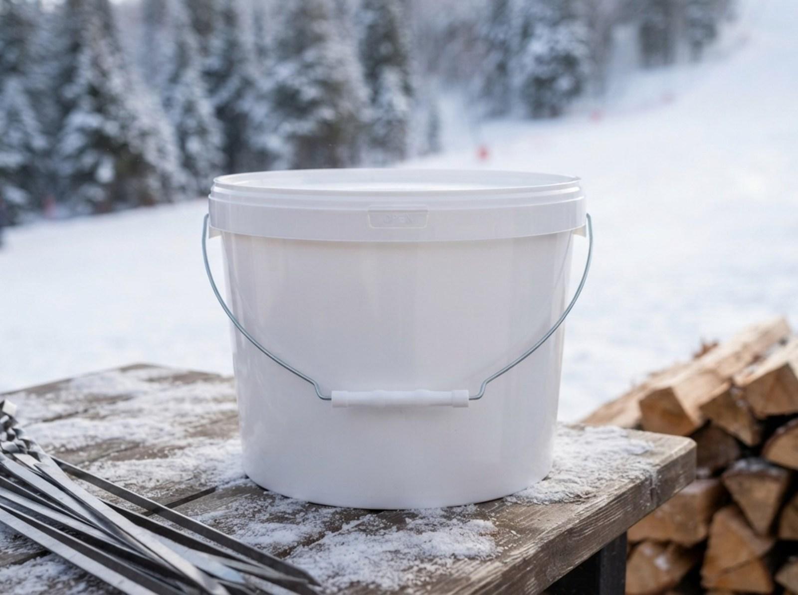 雪场边咖啡馆露台的积雪桌面上，一只 8 升白色带盖塑料桶，配带塑料握把的金属提手，左侧是烤肉扦，右侧是一垛木柴，后方是原始针叶林