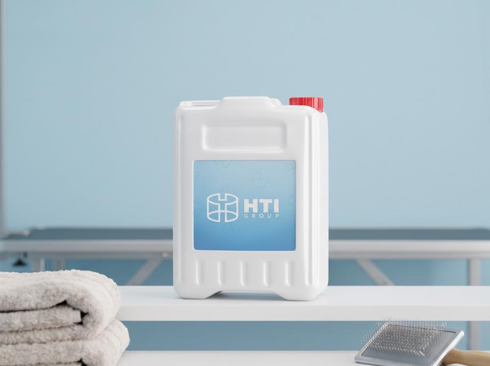 White 5 L plastic jerry can with cap on a white shelf at a grooming salon in Astana next to a stack of towels and a slicker brush