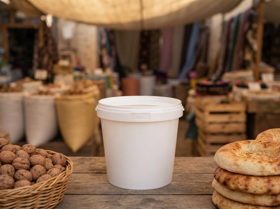 White 1 L plastic bucket with lid on a wooden market stall in Osh next to a wicker basket of walnuts