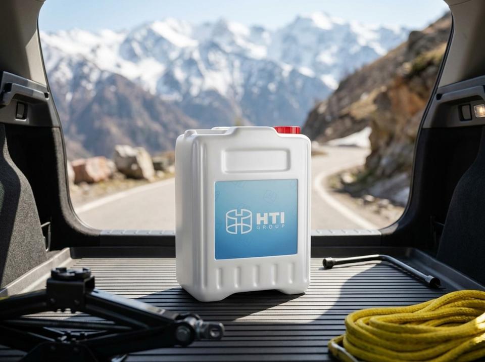 White 5 L plastic jerry can with screw cap in an open car trunk next to a jack on a mountain road